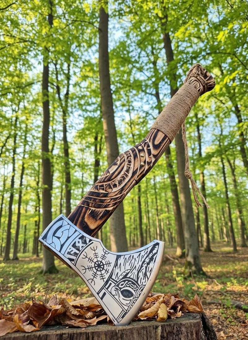 FH TRADERS Hand Forged Viking Axe – Carbon Steel Blade with Ash Wood Handle and Leather Sheath, Camping, Hunting, Outdoor Hatchet Valhalla Ax, Medieval Axe, Authentic Norse Axe, Historical Gift for Men - Image 3